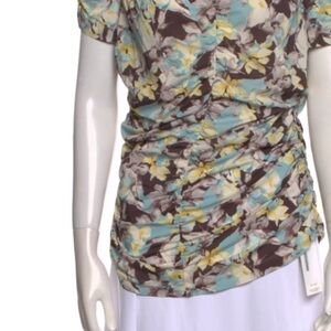 St. John Courure  Floral Ruched Blouse - Aqua, Yellow, Chocolate